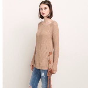 Beige side lace up long sleeve top